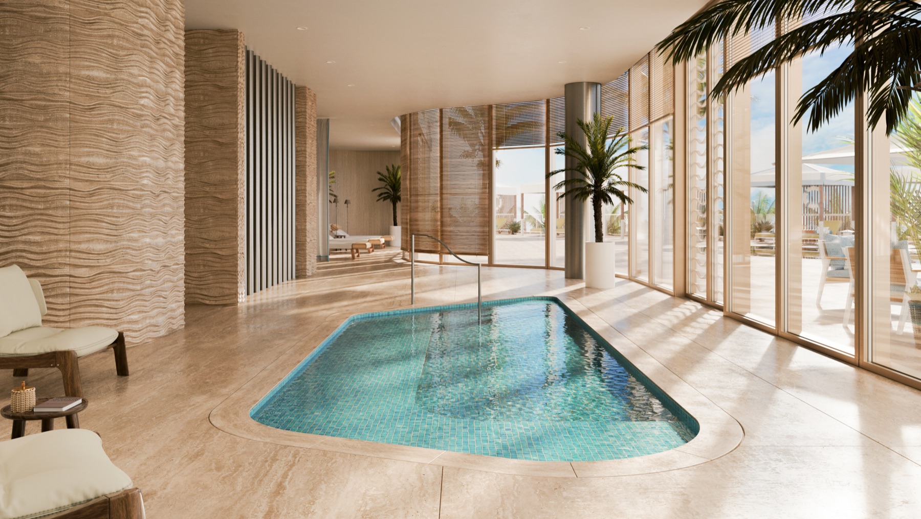 Hydrotherapy area at Four Seasons Private Residences Coconut Grove — Caesar Experience contrast-bath circuit inspired by Roman thermae.
